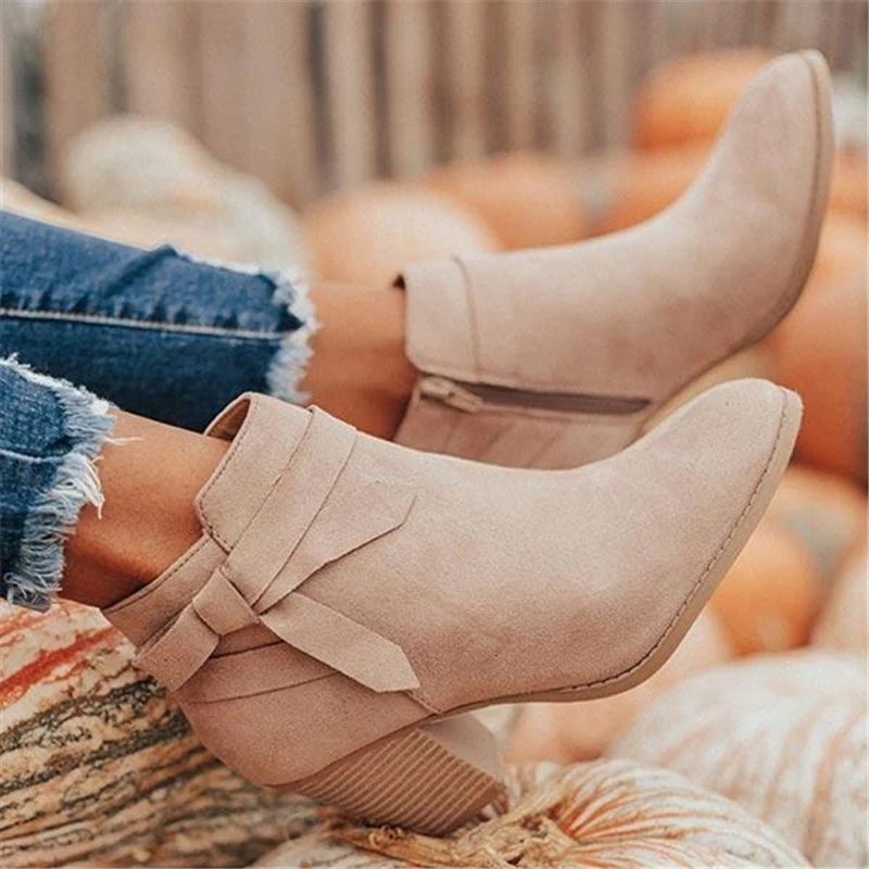 

Autumn Elegant Designer Women Ankle Boots Flock Handmade Strap Knot Pointed Toe Chunky Heel Zip Solid Fashion Shoes Ladies 2020