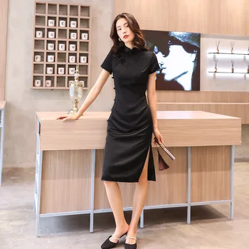 

Chinese Female Black Classic Dresses Rayon Qipao Mandarin Collar Slim Vestidos Elegant Solid Color Plus Size Cheongsam M-4XL