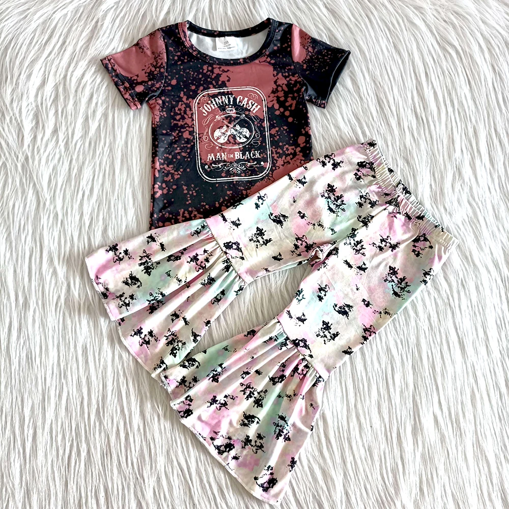 

fashion teenager short sleeve outfit girl high quality raglan shirt match bell pants clothes baby girls colorful print outfit