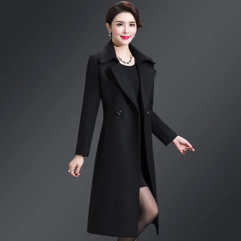 Плюс размер 5XL повседневное женское Шерстяное Пальто осенне-зимнее однобортное с широкой талией отложной воротник талия женские шерстяные смеси - Color: Black