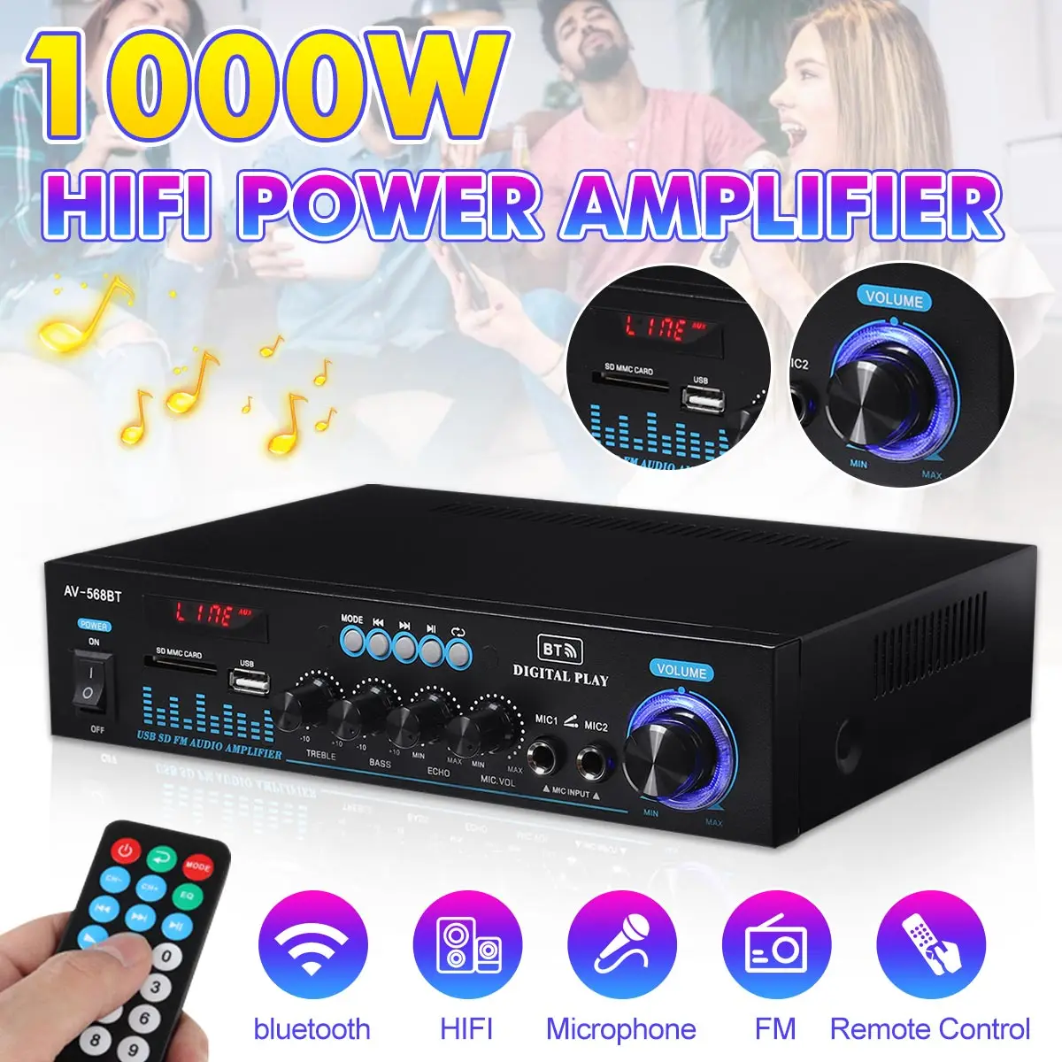 1000W Home Amplifiers Audio Bass Audio Power Bluetooth Digital Amplifier Hifi FM USB SD LED for Subwoofer Speakers 110V 220V