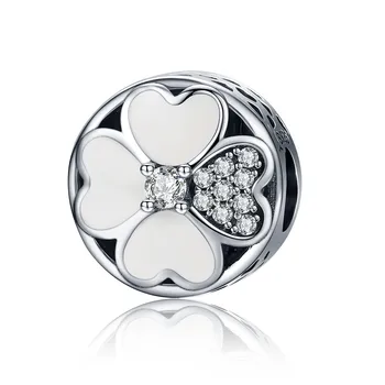 

100% 925 Sterling Silver Happy Patels, White Enamel Clover Beads Fit BISAER Original Bracelets Necklaces Jewelry ECC250