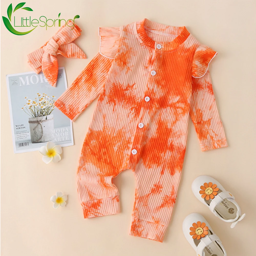 

LittleSpring Autumn Infant Baby Girls Long Sleeve Tie-Dye Print Ruffles Rompers Jumpsuits with Headband