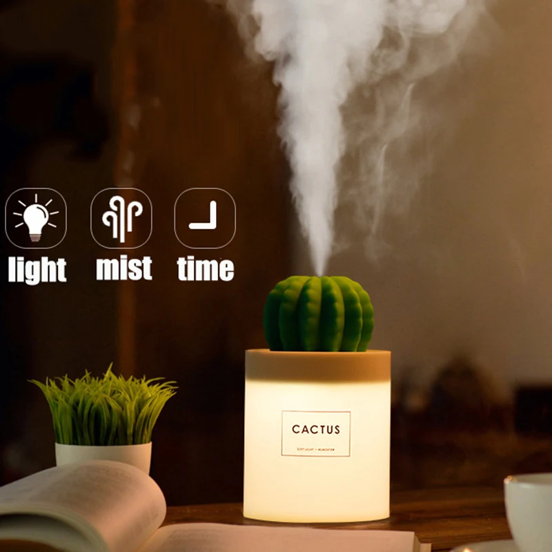 

280ml USB Air Humidifier Cactus Timing Aromatherapy Diffuser Mist Maker Fogger Mini Aroma Diffuser With Night Light for Home