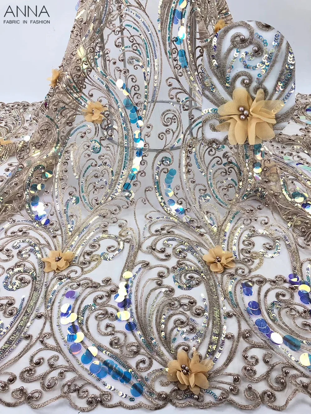 

ANNA African Lace Applique Design French Laces Fabrics High Quality Tulle French With Sequins and Beads 5Yards/pcs For Wedding