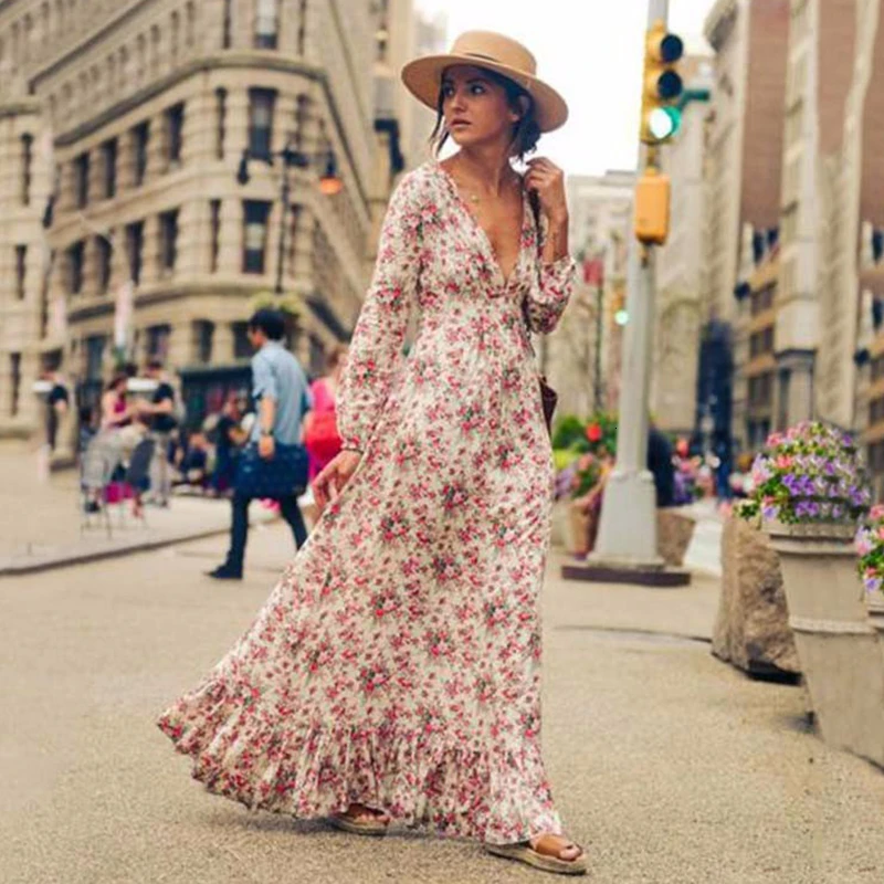 

Bohemian Printed long Dress Women Floral Printed Maxi Dresses Hippe Deep V-Neck Ruffle Dress Chic Boho Clothing Rome Femme