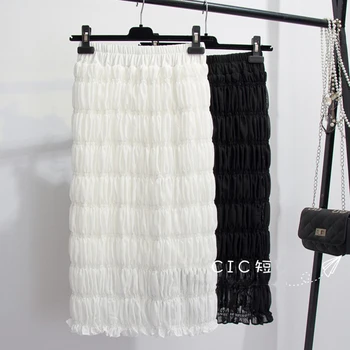 

2020 Casual High Waist Black/White Women's Skirt Elegant Slim Ruffle Pleated Midi Skirts For Female New Fashion Faldas Saia