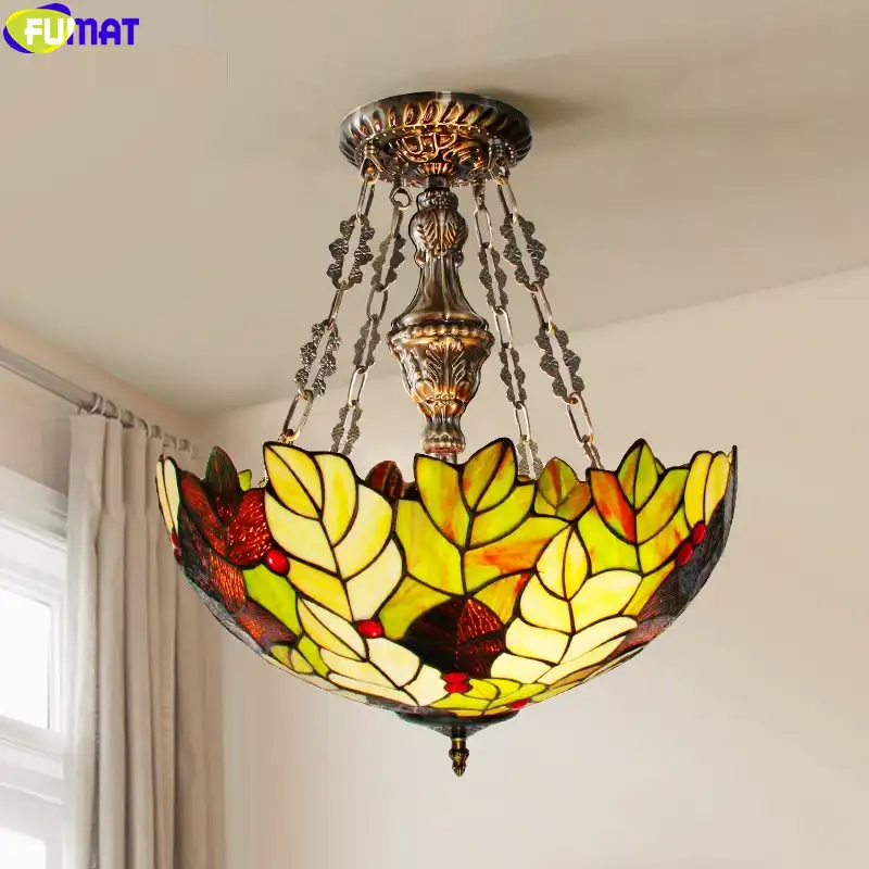 fumat estilo tiffany multi color hoja colgante lampara anti candelabros luz jade vitral arte decoracion del hogar gran accesorio de iluminacion