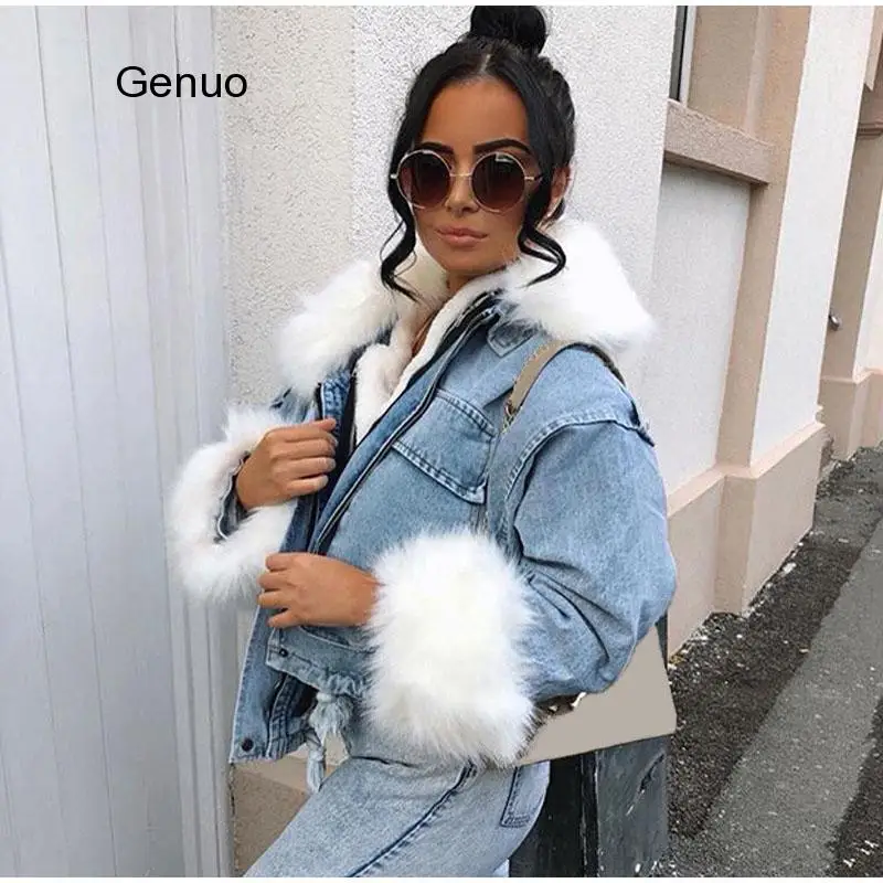 Women Denim Jacket Coat Faux Fur Collar 