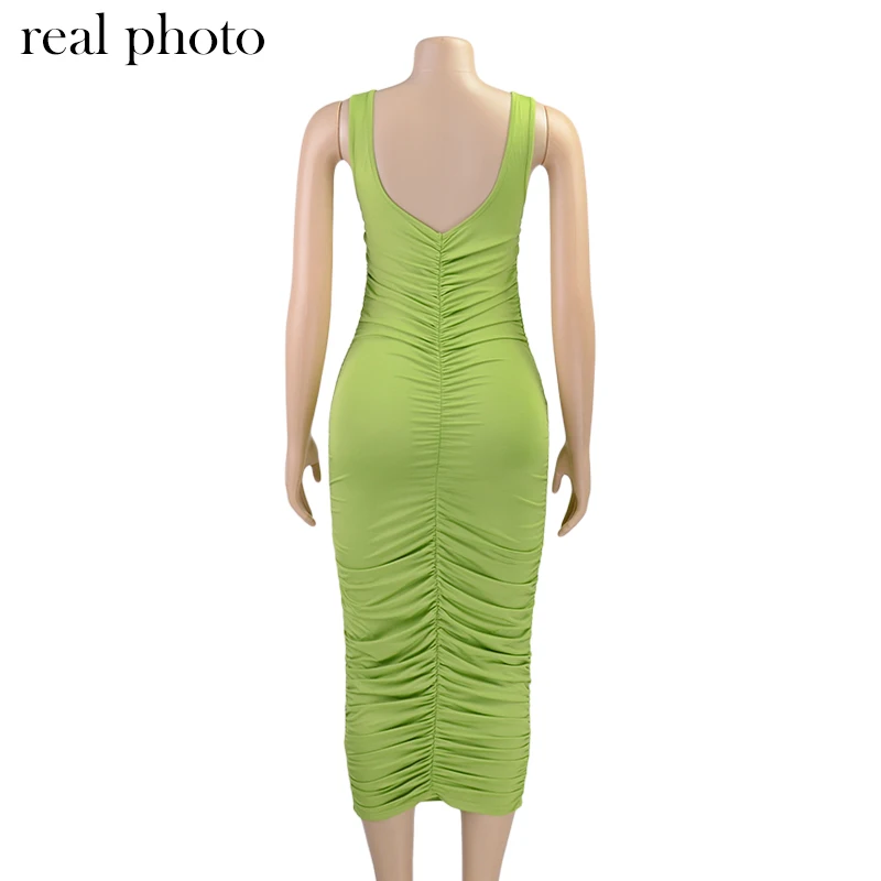 Simenual Ruched Solid Sexy Bodycon Party Dresses Women Fashion Sleeveless Skinny Clubwear Basic Hot Midi Dress 2020 Slim Female