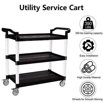 

3-Shelf Rolling Service Utility Push Cart for Foodservice/Restaurant/Cleaning