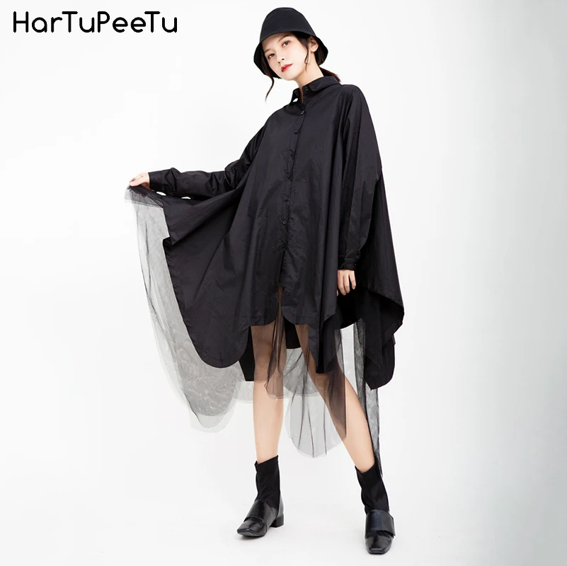 

Chic Shirt Dress Women Vintage Black White Shirt Mesh Patchwork Buttons Long Sleeve Irregular Hem Fashion Vestido Mujer Elegance