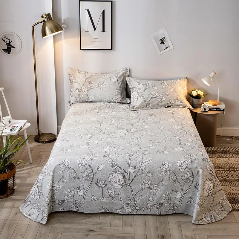 

1 pc Flat Sheet Cotton Bed Sheet and Pillowcase Gray Color Floral Top Sheets for Bed Single/Double/Queen/King Bed Linen Cotton