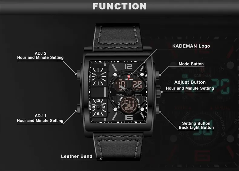 KADEMAN Мужские часы с 3 часовыми поясами дисплей спортивные цифровые квадратный кварцевые часы водонепроницаемые мужские наручные часы Relogio Masculino