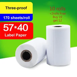 10+2 Rolls Thermal Paper 57x 40mm Label  Stickers Thermosensitive Adhesive for Barcode Printer