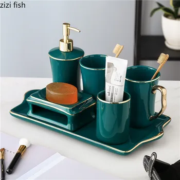 

Dark Green 6-piece Bathroom Wash Kit, Tray with Mouthwash Cup, Soap Cup, Liquid Soap Bottle, Toothbrush Holder