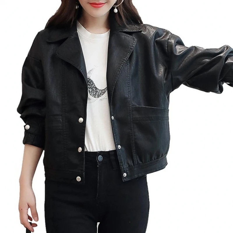 

Loose Pockets Korean Clothes Jacket Women PU Button Turn-down Collar Soft Leather Coat Lady 2020 Spring Autumn Black Tops C01508
