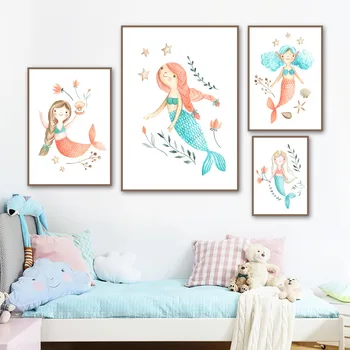 

Cute Mermaid Girl Flower Pearl Wall Art Canvas Painting Nordic Posters And Prints Cartoon Wall Pictures For Kids Room Home Decor