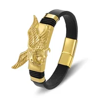 High Quality Fashion Charm Rope Braided Bangles Gold Black Leather Men Bracelet Eagles Animal Magnetic Jewelry Metal