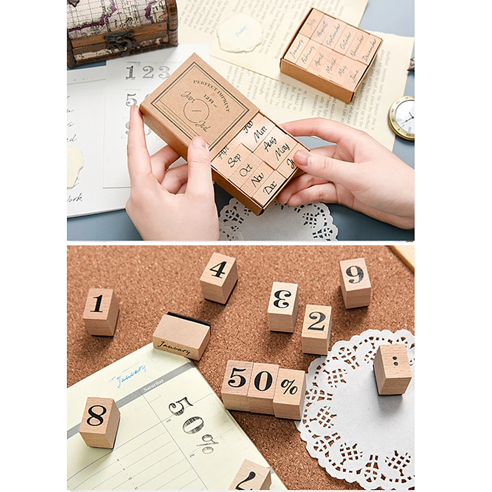 Retro Wooden Journal Stamps Number Monthly Stamp Set for Notebook Planner  Craft Scrapbooking DIY Accessories School Stationery