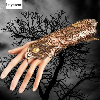 

Gold Color Punk Women Lace Glove Fingerless Cuff Elbow Length Mitten 2020 Lace-up Chain Party Gothic Hollow Out Goth Accessories
