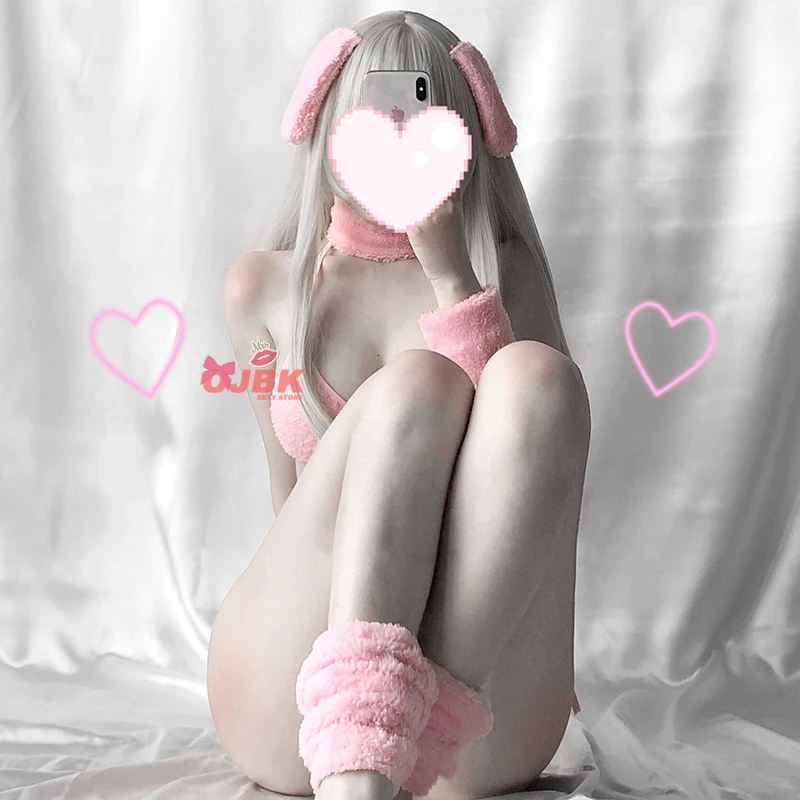 Аниме Косплей Костюм DDLG Банни девушка сексуальный ребенок розовый кролик бикини набор эротический наряд для женщин галстук сторона GString бюстгальтер стринги Kawaii