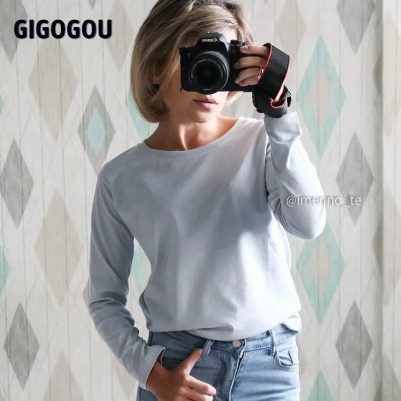 Футболка GIGOGOU Женская Базовая с длинным рукавом 95% хлопок однотонный топ мягкая