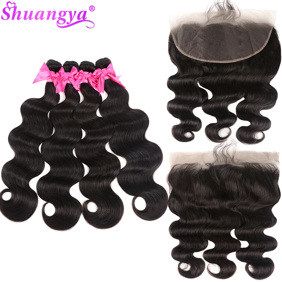 Frontal com Pacotes Onda do Corpo Pacotes com Frontal Humano com Fechamento Transparente Laço Peruano Remy Cabelo Shuangya 100% 4 do corpo pacotes com frontal 100% remy