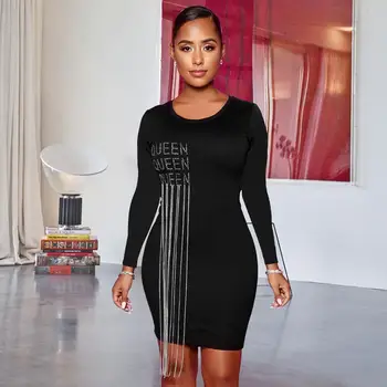 

Echoine Black Long Sleeve Diamond Mini Dress Slim Bodycon Fringe Evening Party Dresses Autumn Women Vintage Club Outfits