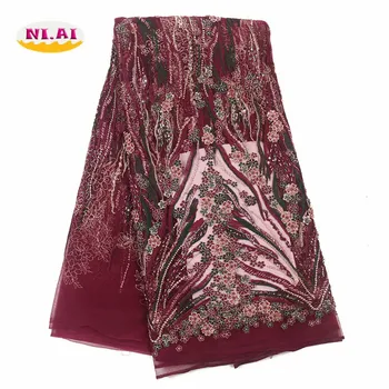 

NIAI Handmade Lace Fabric African Tulle Lace Fabric 2020 High Quality Nigerian Beaded Lace Fabrics For Wedding Dress XY3294B-3
