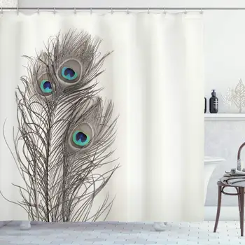 

Peacock Shower Curtain Feathers of Exotic Bird on White Backdrop Bohemian Wildlife Composition Cloth Bathroom Decor Set