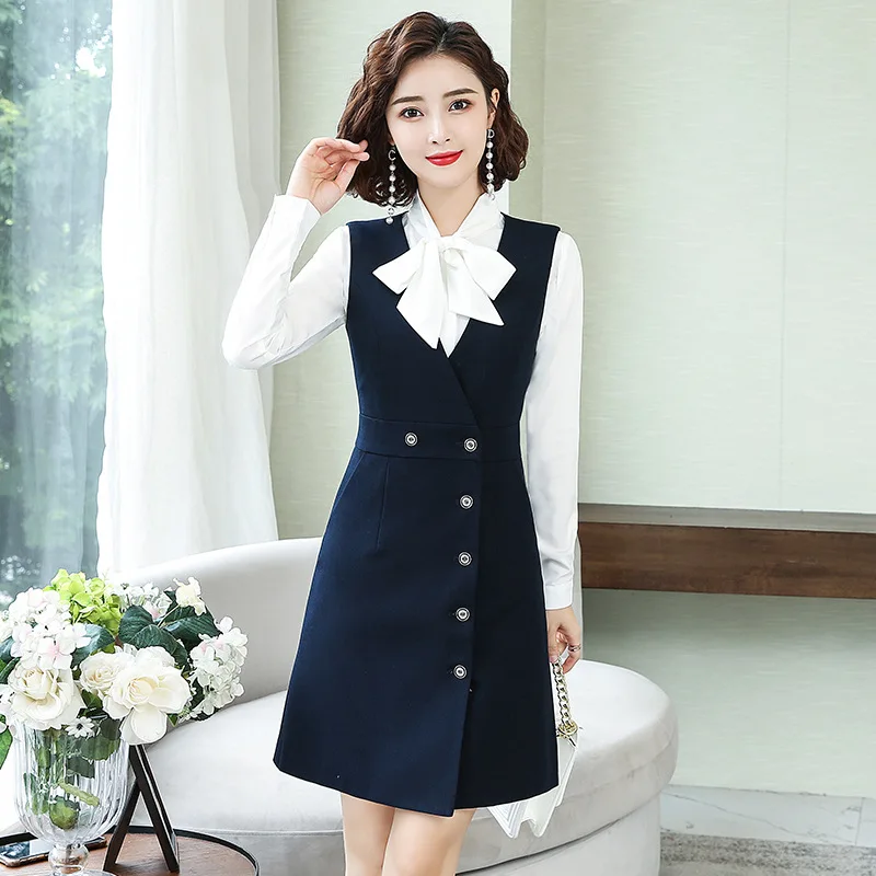 

2019 Autumn WOMEN'S Dress Smart Elegant Dress Outfit Women's Solid Color Versatile Wear Shirt Vest Skirt Two-Piece Set Fashion