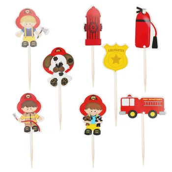 

Birthday Party Decorate Cartoon fireman Theme Cupcake Toppers with Sticks Baby Shower Boys Kids Favors Cake Topper 24pcs/lot