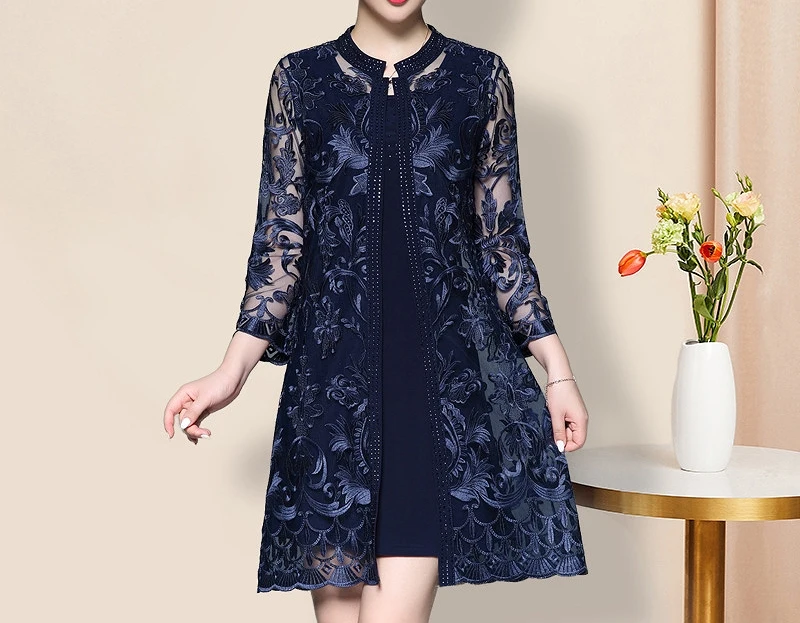 

Two-piece Mother Of The Bride Dresses With Jacket Lace Embroidery Blue Red Wedding Evening Formal Party Knee Length Woman Gowns