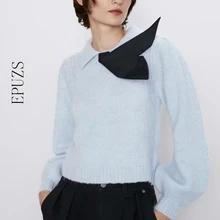 Милый вязаный свитер с бантом, женская зимняя одежда, повседневный синий корейский свитер с длинным рукавом,, Женский пуловер