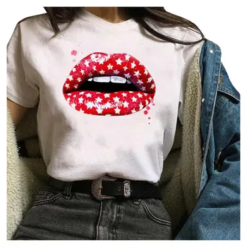 

New Summer Tops Tees Red Mouth Lip Kiss Printed Women Black Tshirt Funny Leopard Graphic Tee Shirt Femme Vogue Harajuku T Shirt