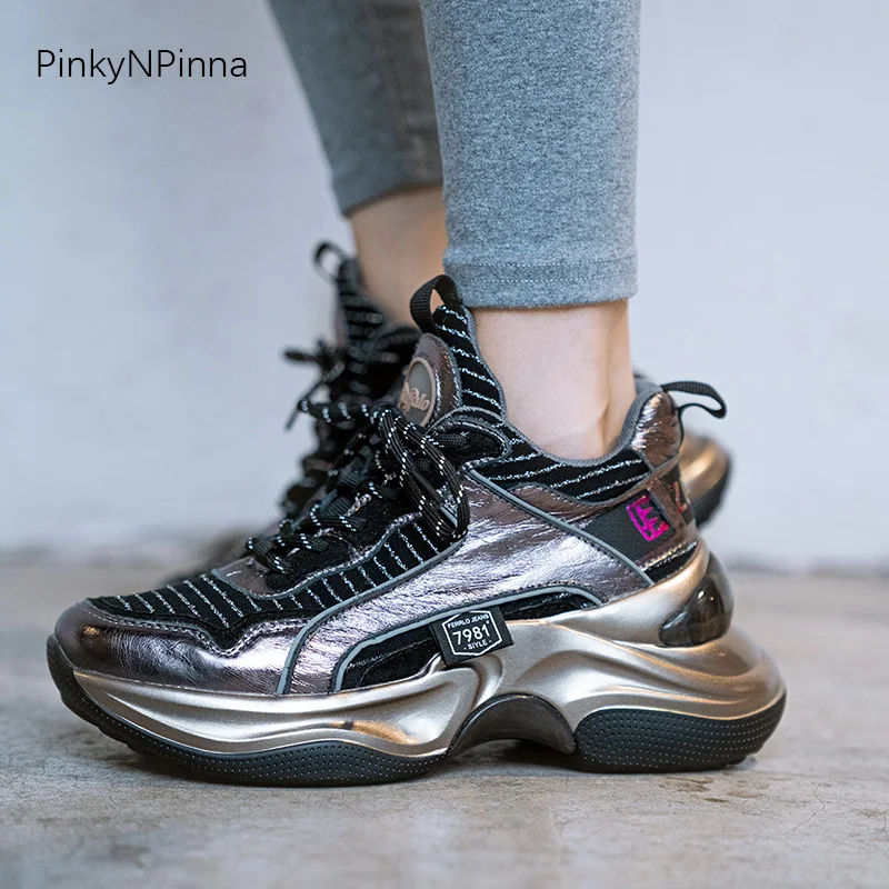 

Luxury brand designer women platform flat sneakers genuine leather shining laser heavy metal nightclub punk street shoes ladies