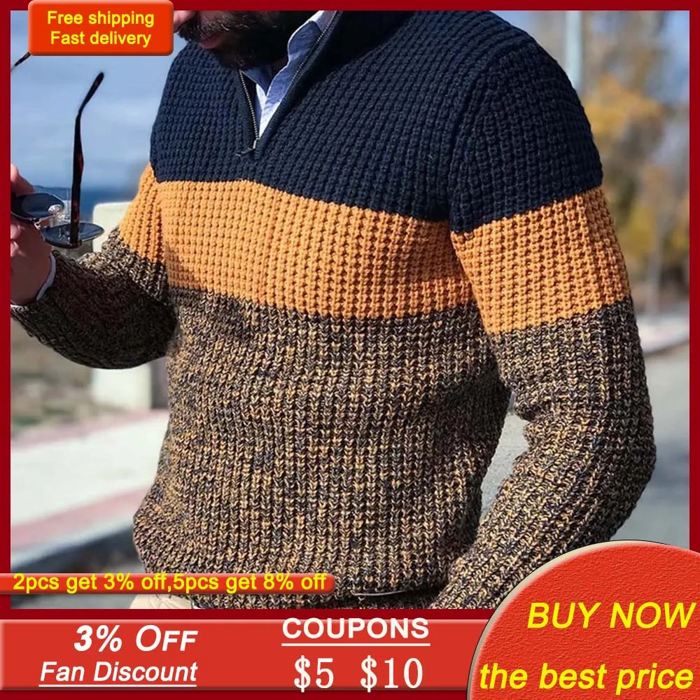 

Causal Thin Sweater Men Pullover Color Block Stand Collar Long Sleeve Patchwork Zipper Casual Autumn Jumper Plus Size Top Young
