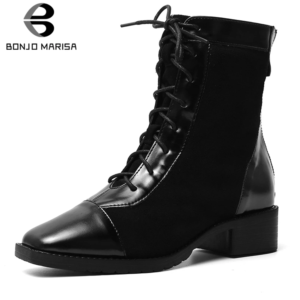 

BONJOMARISA 2020 Dropship Hot Sale New Fashion 2 Style Black Shoes Woman Boots Female Lace Up Chunky Heels Hot Boots Women Shoes