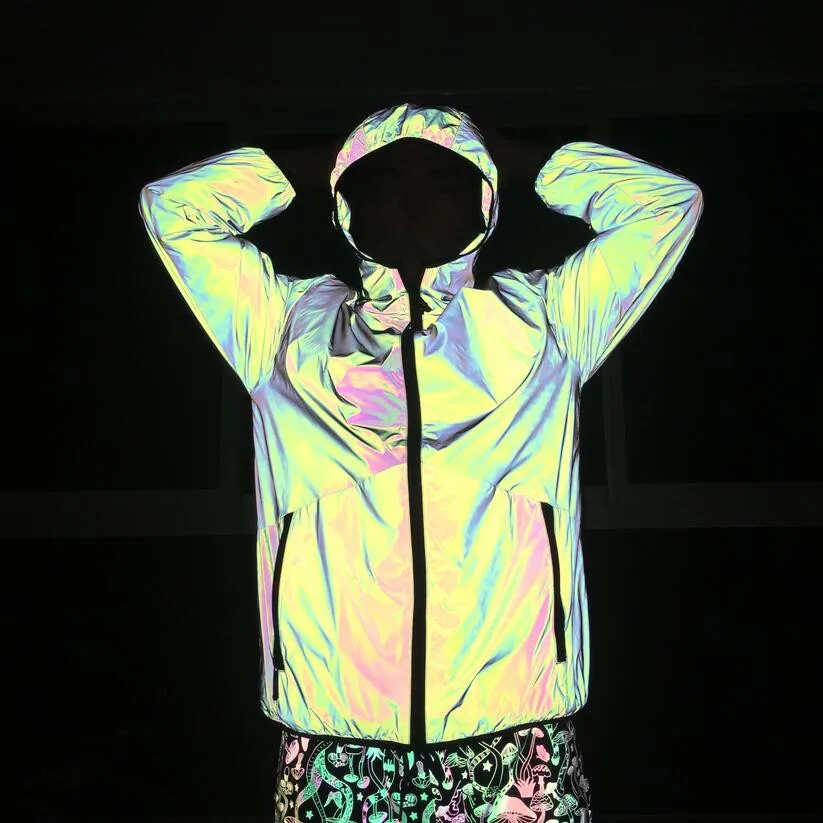 Осенняя и зимняя мужская цветной, отражающий куртка для ночного клуба отражают свет сценический костюм «человек в стиле «хип-хоп», «панк» ветронепроницаемый бомбер Куртки