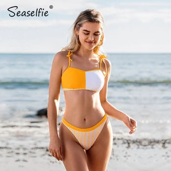 

SEASELFIE Sexy Orange Striped Bandeau Tank Bikini Sets High-cut Swimsuit Two Pieces Swimwear Women 2020 Beach Bathing Suit