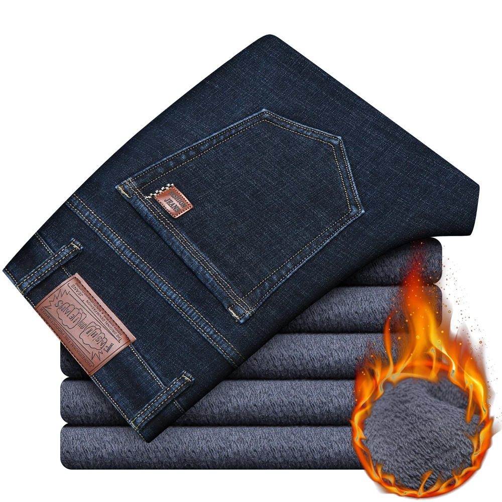 Men Jeans Trousers Winter Warm Business Fashion Classic Style Straight Fleece Thick denim trousers business jeans mens casual trousers mens jeans men jeans