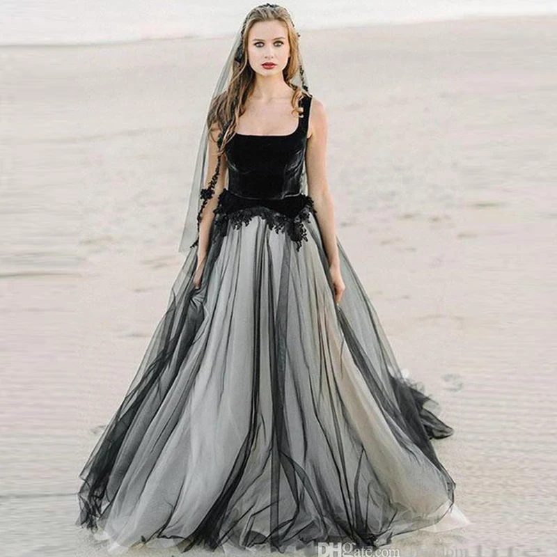 New Black and Ivory Tulle Summer Wedding Dresses 2020 Spaghetti Straps Lace Applique Bride Party Bridal Gowns