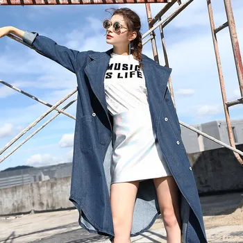 

Women large collar long denim jacket