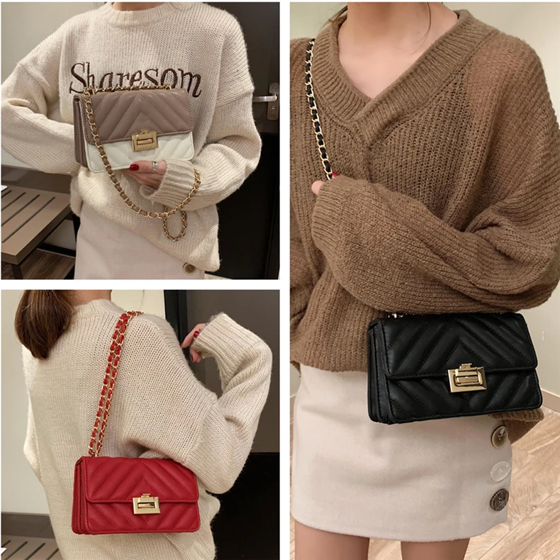 Burminsa Elegant Quilted Chain Crossbody Bags For Women Unique Design Lock High Quality Soft PU Female Shoulder Bags Autumn