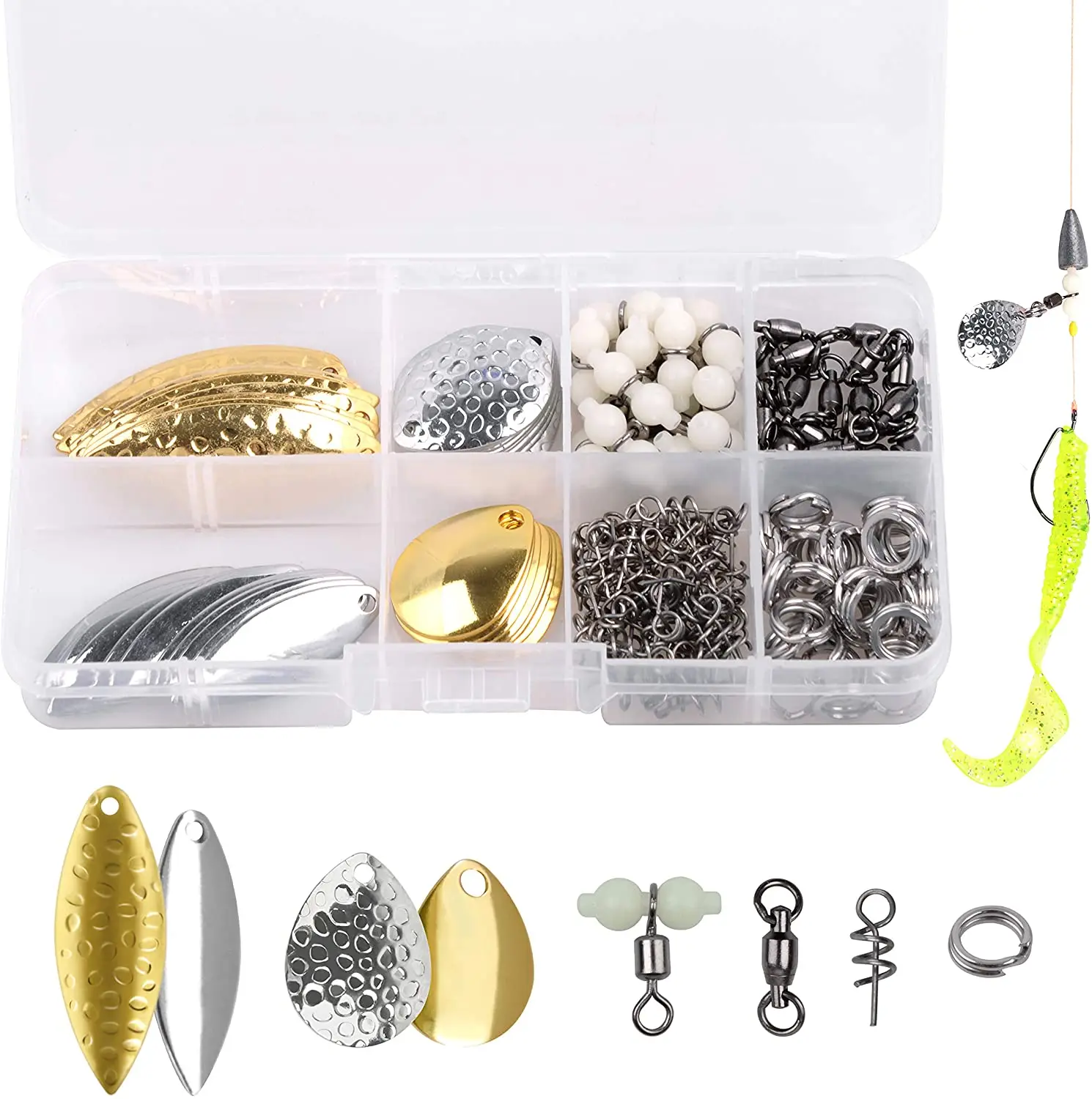 

135Pcs/ Box Fishing Spoon Rigs DIY Spinner Baits Spinner Parts Assortment Shaft Spinner Blade Clevis Treble Hooks Fishing Lure