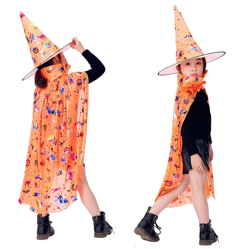 Kids Happy colorful Halloween princess Costume Set Wizard Witch Cloak Cape Robe and Hat for Boy Girl