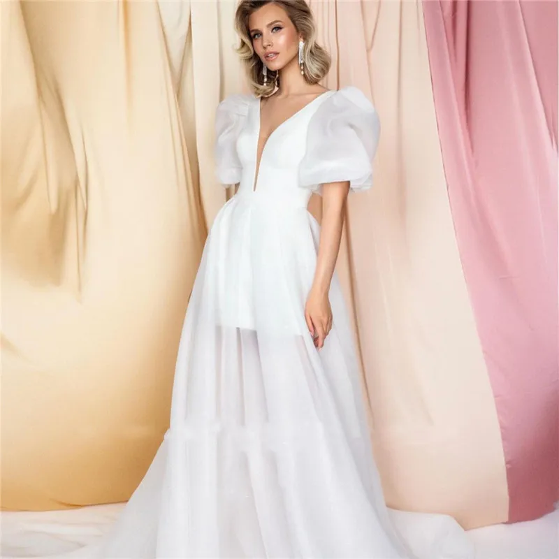 Simple Tulle Detachable Short Skirt Wedding Dress Elegant V-Neck A-Line Short Puffy Sleeves Open Back Bridal Gown Customized 3