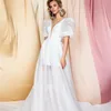 Simple Tulle Detachable Short Skirt Wedding Dress Elegant V-Neck A-Line Short Puffy Sleeves Open Back Bridal Gown Customized 3