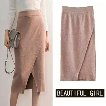 

Skirt Women Knitting Half-body Skirt Girls Long Wool Skirt Package Hip A Step Skirt High Waist Longuette Autumn Skirts
